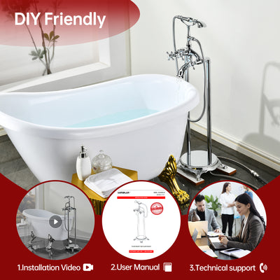 SUMERAIN Waterfall Freestanding Bathtub Faucet with Hand Shower, Antique High Flow Floor Mount Tub filler Solid Brass, Chrome Finish