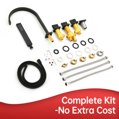 SUMERAIN Matte Black 3 Handle Roman Tub Faucet with Hand Shower, Contemporary 5 Hole Deck Mount Waterfall Tub Faucet with Valve, High Flow