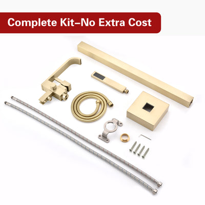 SUMERAIN Brushed Gold Freestanding Bathtub Faucet with Hand Shower, Modern Brass Waterfall Floor Mount Tub Filler Faucet, High Flow