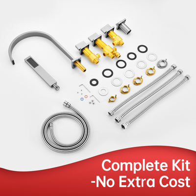 SUMERAIN Brushed Nickel 5 Hole Roman Tub Faucet, Modern Three Handle Waterfall Bathtub Faucet with Hand Shower, High Flow