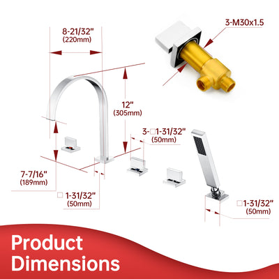 SUMERAIN 5 Hole Roman Tub Faucet with Hand Shower, High Flow Deck Mount Waterfall Bathtub Faucet with Valve, Chrome Finish