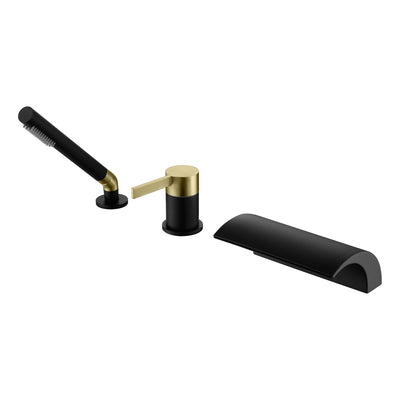 SUMERAIN Deck Mount Waterfall Bathtub Faucet Set with Handheld Shower, Roman Tub Faucet 3 Holes, Black and Gold Finish