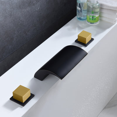 SUMERAIN Römischer Badewannen-Wasserhahn, 3-Loch-Deckmontage, hoher Durchfluss, Wasserfall-Wannenfüller, schwarzes und goldenes Finish