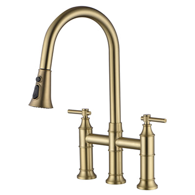 SUMERAIN 8-Zoll-Centerset-Küchenbrücken-Wasserhahn mit herunterziehbarer Brause, 3-Loch-Küchenarmatur aus Edelstahl, gebürstetes Gold