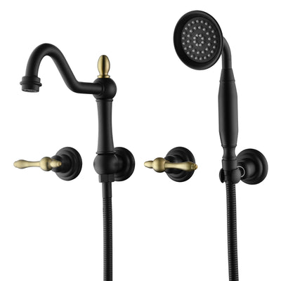 SUMERAIN High Flow Wall Mount Tub Filler, Vintage Bathtub Faucet with Sprayer and Rough-in Valve, Black and Gold Finish