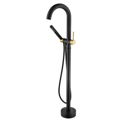 sumerain Bathroom Floor Mounted Tub Faucet with Handheld, High Flow Freestanding Bathtub Faucet with 360 Swivel Gooseneck Spout Black and Gold