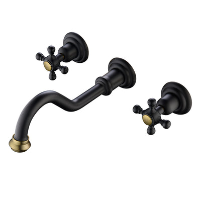 SUMERAIN Vintage Wall Mount Vessel Sink Faucet - 3 Holes Cross Handles Black and Gold Lavatory Basin Sink Faucet with Included in-Wall Valve