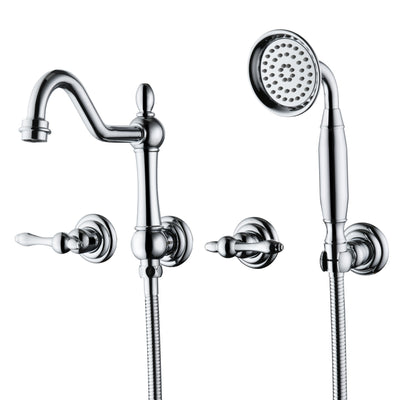 SUMERAIN Vintage Wall Mounted Bathtub Faucet with Hand Shower, High Flow Tub Filler Chrome Finish, Rough-in Valve Included