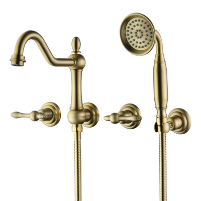 SUMERAIN Wall Mount Tub Faucet with Hand Shower, Brushed Gold Traditional Style Bathtub Faucet, Rough-in Valve Included