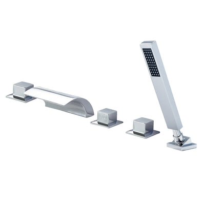 SUMERAIN Modern Chrome Roman Waterfall Bathtub Faucet Set, 3-Knob Deck Mount with Hand Shower