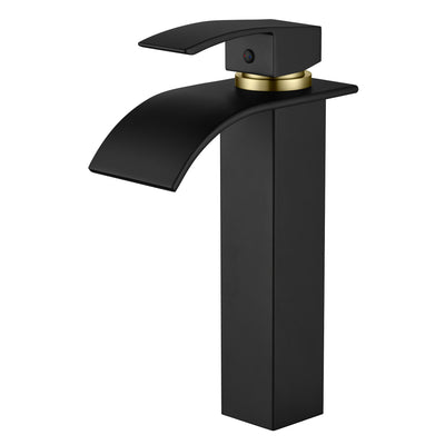 sumerain Waterfall Bathroom Vessel Sink Faucet, Black and Gold Single Hole Tall Modern Basin Sink Faucet