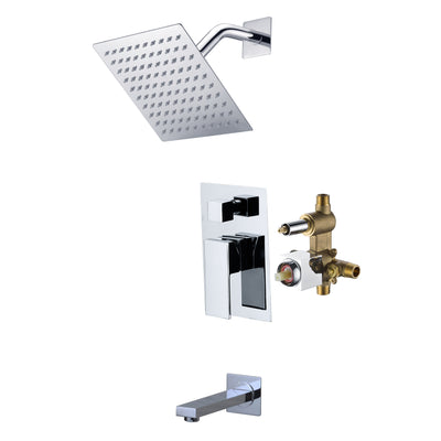 SUMERAIN Modern Wall Mount Tub and Shower Faucet with 8" Square Rain Shower Head, Single Handle Tub and Shower Faucet with Pressure Balance Valve System, Chrome