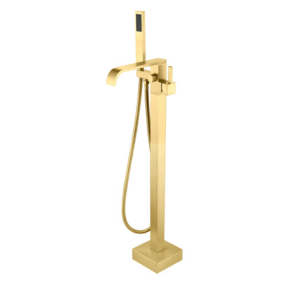 SUMERAIN Brushed Gold Freestanding Bathtub Faucet with Hand Shower, Modern Brass Waterfall Floor Mount Tub Filler Faucet, High Flow