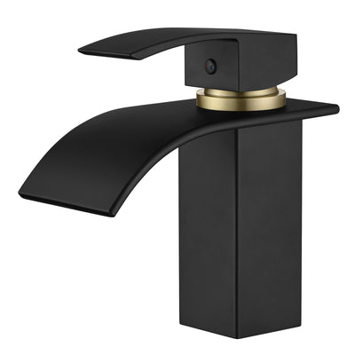 SUMERAIN Waterfall Bathroom Faucet Single Handle 1 Hole,Lead-Free Stainless Steel Black&Gold Vanity Sink Faucet