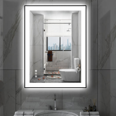 Sumerain 28"x36" Smart Anti-Fog LED Bathroom Mirror with Lights, Black Framed Bathroom Wall Mirror with Front Light & Backlit, 3 Color Temperatures, Stepless Dimmable