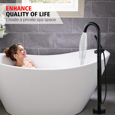 sumerain Matte Black Free Standing Tub Faucet with Handheld, High Flow Rate Bathroom Floor Mount Bathtub Faucet with Swivel Spout