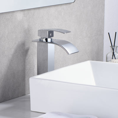 sumerain Vessel Sink Faucet Single Hole Stainless Steel Modern Tall Waterfall Bathroom Faucet Chrome