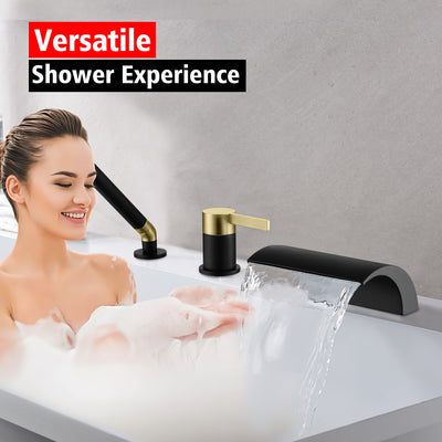 SUMERAIN Deck Mount Waterfall Bathtub Faucet Set with Handheld Shower, Roman Tub Faucet 3 Holes, Black and Gold Finish