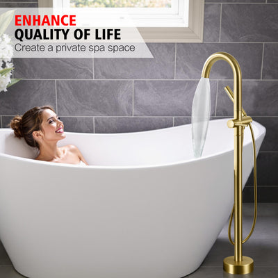 sumerain Brass Freestanding Bathtub Faucet with Handheld Shower, High Flow Brushed Gold Bathroom Floor Mounted Tub Filler Faucet with Swivel Spout