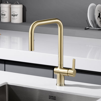 SUMERAIN Pull Out Kitchen Faucets with Dual Sprayer Mode, Single Hole Stainless Steel Modern Kitchen Sink Faucet Brushed Gold