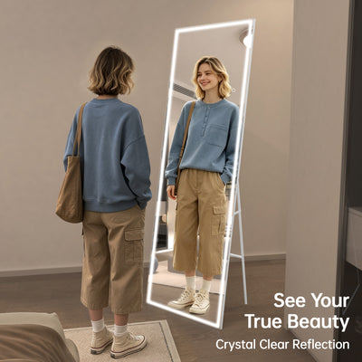 Sumerain 75"x28" LED Floor Mirror with Lights, White Frame Full Length Mirror with Dimming & 3 Color Temperatures, Standing Full Body Mirror for Bedroom, Dressing Room, Cloakroom