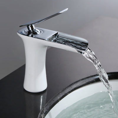 SUMERAIN Modern Waterfall Bathroom Faucet ，Contemporary Bathroom Sink Faucet with Single Handle, Chrome & White Finish
