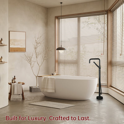sumerain Floor Mount Tub Filler Faucet with Hand Shower, Brass Matte Black Freestanding Bathtub Faucet High Flow