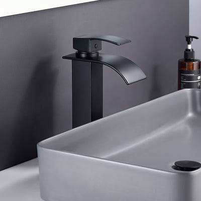 sumerain Vessel Sink Faucet Matte Black Tall Waterfall Bathroom Faucet,Single Handle One Hole Vanity Faucet