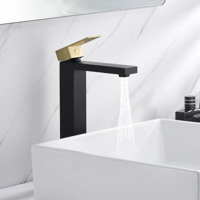sumerain Vessel Sink Faucet, 304 Stainless Steel Tall Bathroom Faucet Single Handle Single Hole Black and Gold, Lead-Free&Water-Saving
