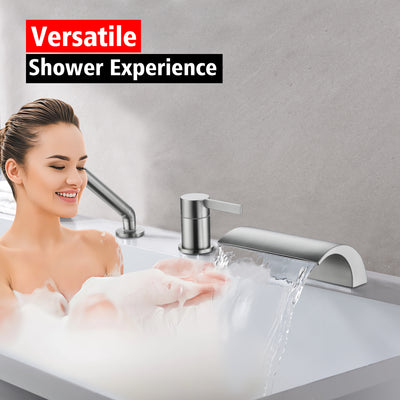 SUMERAIN Waterfall Bathtub Faucet with Sprayer, Brushed Nickel Deck Mounted High Flow 3 Hole Roman Tub Faucet
