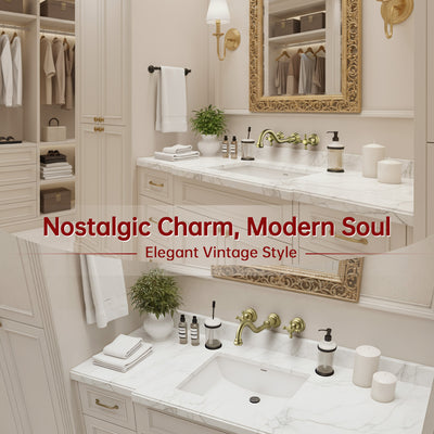 SUMERAIN Brushed Gold Wall Mount Bathroom Sink Faucet,3 Holes Vintage Style Lavatory Basin Faucet with Cross Knobs Included Rough-in Valve