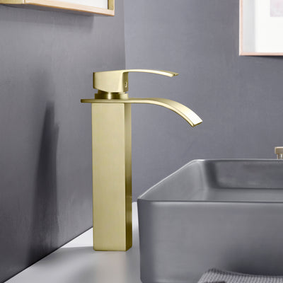 sumerain Bathroom Vessel Sink Faucet,Stainless Steel Brushed Gold Tall Waterfall Basin Faucet Single Handle One Hole