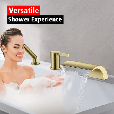SUMERAIN Bathroom Roman Tub Faucet with Hand Shower, High Flow Single Handle Waterfall Bathtub Filler Brushed Gold Finish