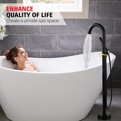 sumerain Bathroom Floor Mounted Tub Faucet with Handheld, High Flow Freestanding Bathtub Faucet with 360 Swivel Gooseneck Spout Black and Gold