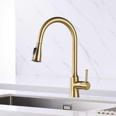 SUMERAIN Modern Industrial Pull-Down Sprayer Kitchen Faucets Lead-Free Stainless Steel Single Handle Brushed Gold Finish