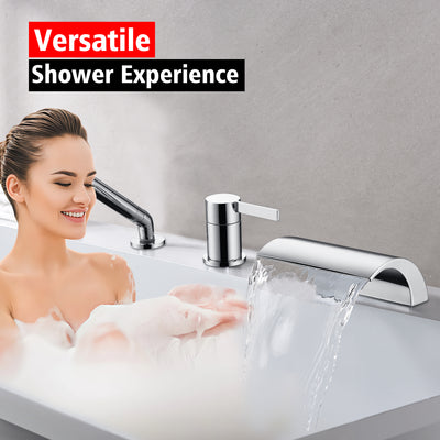 SUMERAIN 3 Hole Bathroom Roman Tub Faucet with Handheld Sprayer, High Flow Deck Mount Waterfall Bathtub Filler,Chrome Finish