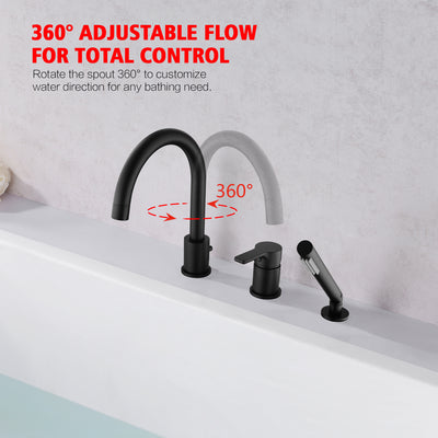 Mattschwarzer römischer Wannenhahn mit 3 Löchern für Deckmontage und Handbrause