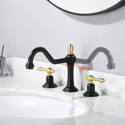 sumerain 8 inch Widespread Bathroom Faucet, 2 Handles Vintage Style Lavatory Faucet for Sink 3 Hole, Black and Gold
