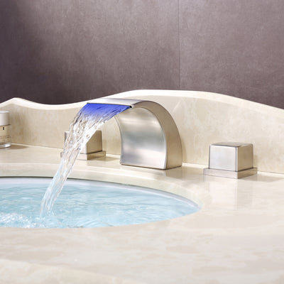 Sumerain Waterfall Widespread LED 3 hole Bathroom Sink Faucet with 2 Knob Handle, Brushed Nickel