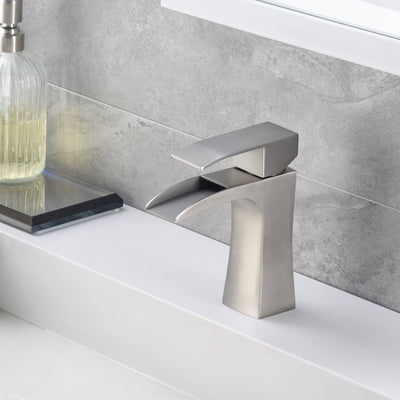 SUMERAIN Bathroom Faucet Brushed Nickel Single Hole Waterfall Bathroom Sink Faucet Stainless Steel Vanity Faucet
