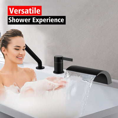 SUMERAIN Matte Black Bathroom Bathtub Faucet Set with Sprayer, High Flow 3-Hole Deck Mount Waterfall Roman Tub Faucet