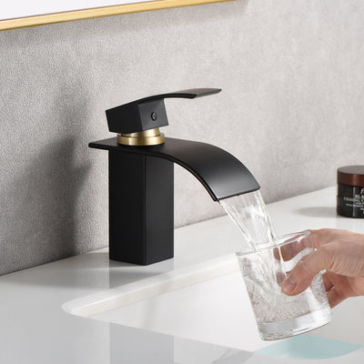 SUMERAIN Waterfall Bathroom Faucet Single Handle 1 Hole,Lead-Free Stainless Steel Black&Gold Vanity Sink Faucet