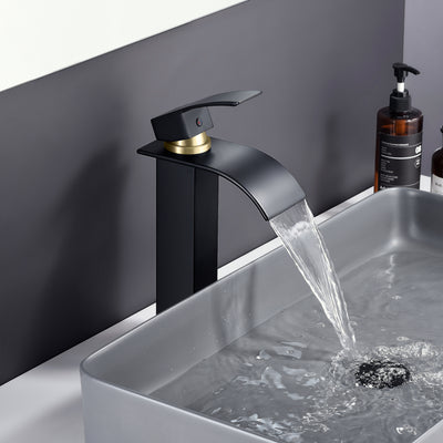 sumerain Waterfall Bathroom Vessel Sink Faucet, Black and Gold Single Hole Tall Modern Basin Sink Faucet