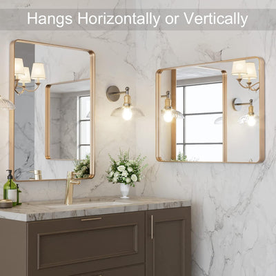 Sumerain Gold Wall-Mounted Bathroom Mirror, Rounded Rectangle Gold Frame Mirror, Anti-Rust Bathroom Vanity Mirror, Hangs Horizontally or Vertically