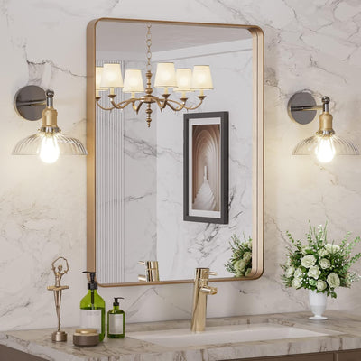 Sumerain Gold Wall-Mounted Bathroom Mirror, Rounded Rectangle Gold Frame Mirror, Anti-Rust Bathroom Vanity Mirror, Hangs Horizontally or Vertically