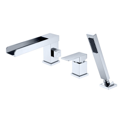 Römischer Wasserfall-Badewannen-Wasserhahn mit Handbrause, 3-Loch-Badewannen-Wasserhahn mit Duschumsteller, Chrom-Finish