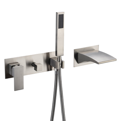 sumerain Wandmontage-Badewannen-Wasserhahn, gebürstetes Nickel, Wasserfall-Badewannen-Wasserhahn mit Handbrause, Linkshänder-Wasserhahn