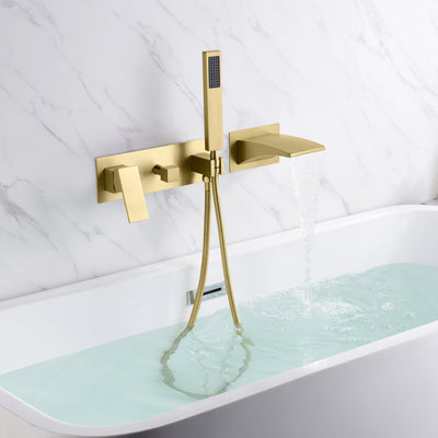 sumerain Wandmontage-Badewannen-Wasserhahn mit Handbrause, Wasserfall-Badewannen-Wasserhahn, gebürstetes Gold, Linkshänder-Wasserhahn