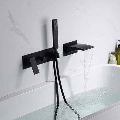 sumerain Schwarzer Badewannen-Wasserhahn zur Wandmontage, Wasserfall-Badewannen-Wasserhahn mit Handbrause, Linkshänder-Wasserhahn