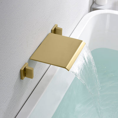 Wasserfall-Badewannen-Wasserhahn, Wandmontage, Badewannen-Wasserhahn mit Ventil, gebürstetes Gold, Wannenfüller, 3 Löcher, hoher Durchfluss